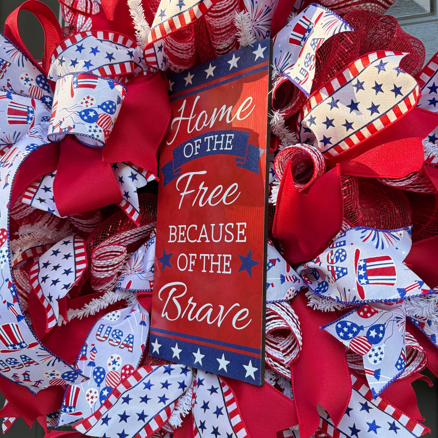 Home of the Free Patriotic Wreath – Red, White & Blue Deco Mesh