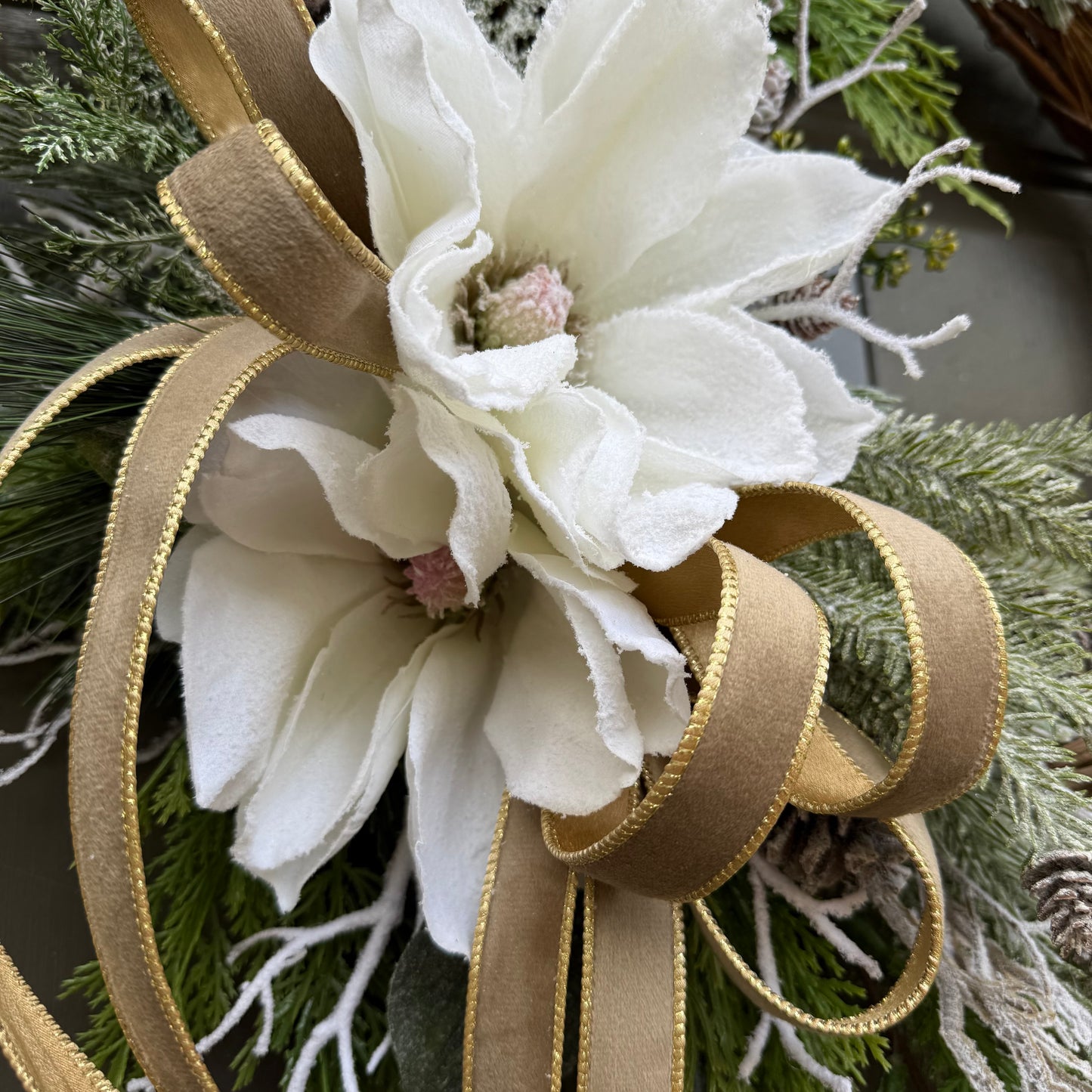 White Magnolia and Gold Velvet Winter Wreath