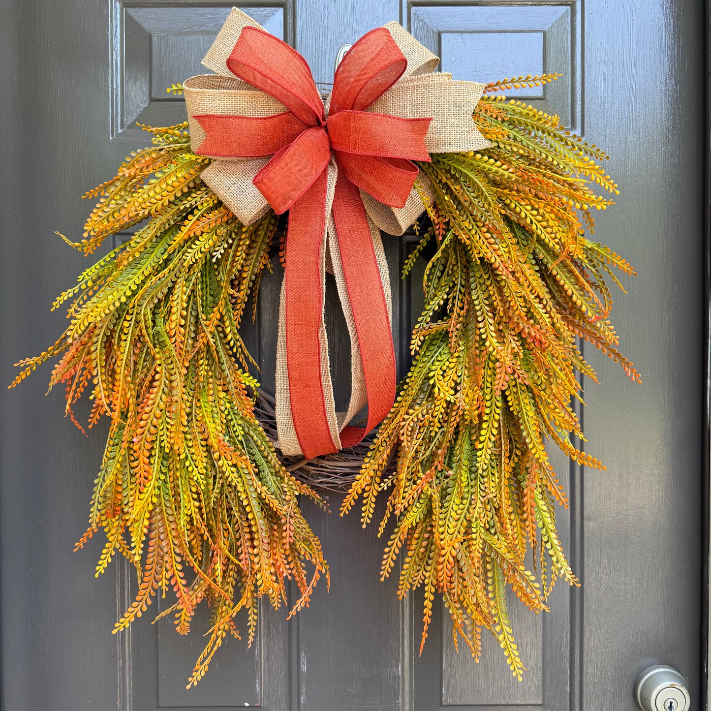 Autumn Harvest Wreath with Rustic Burlap & Burnt Orange Bow – 24” x 28”