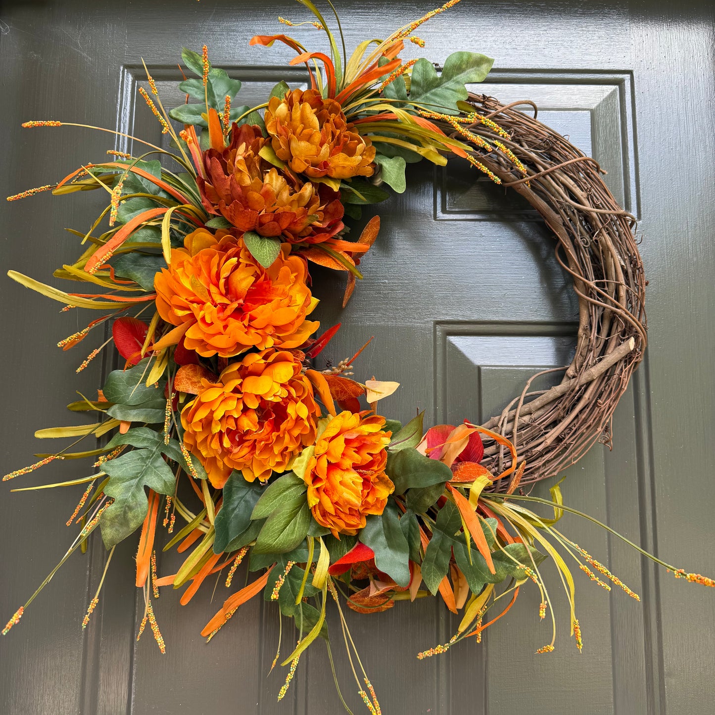 Fall Grapevine Wreath | Orange Peony Front Door Wreath | Handmade Autumn Decor