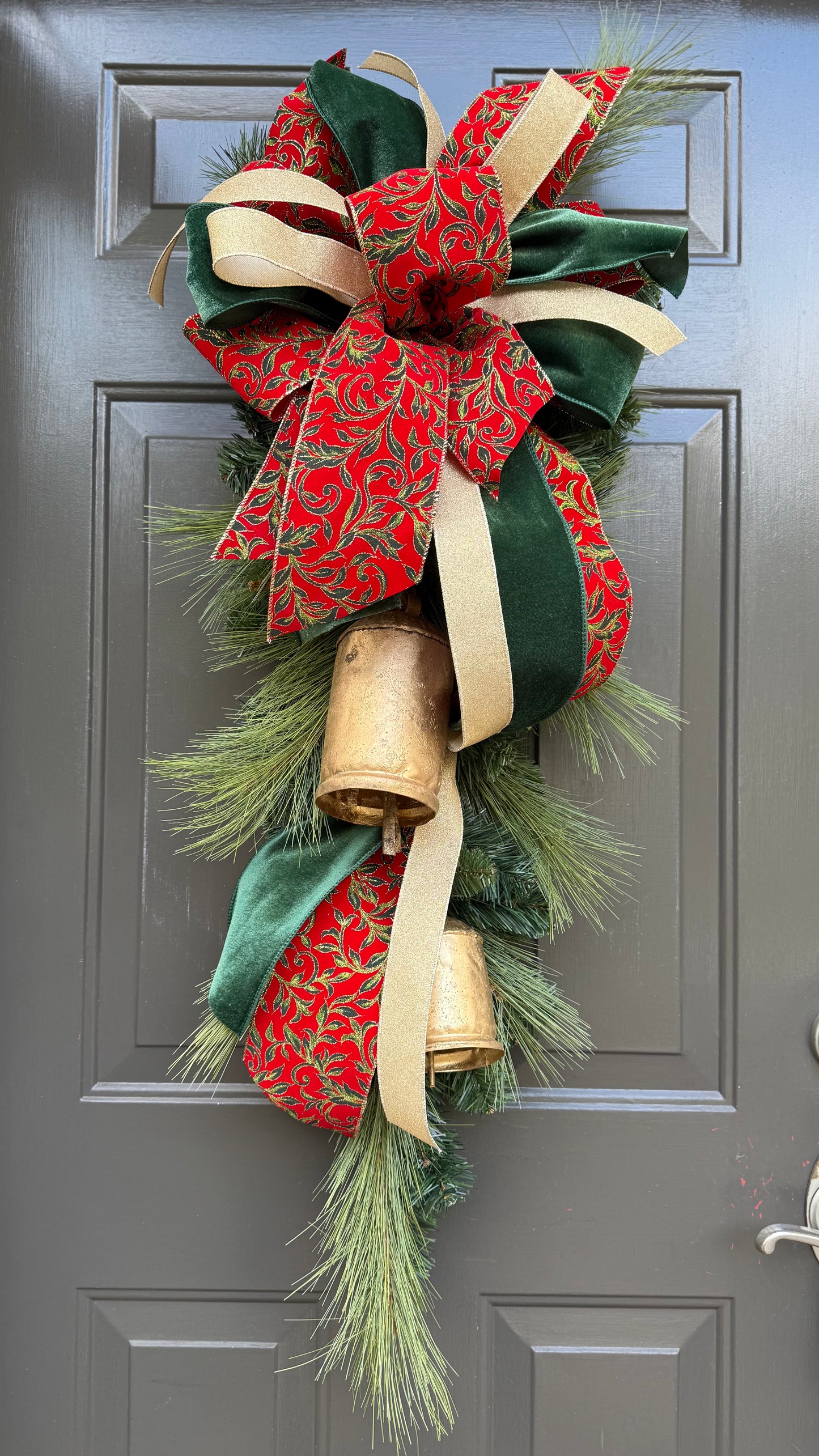 Red Velvet Christmas Door Swag with Bells
