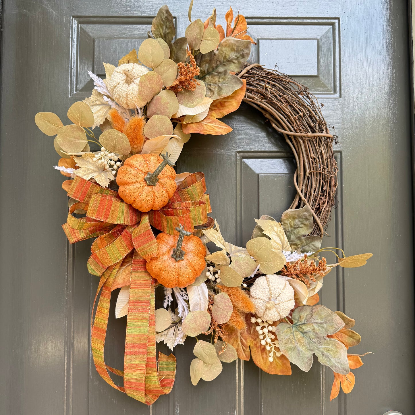 Autumn Harvest Pumpkin Wreath – Large Grapevine Door Decor