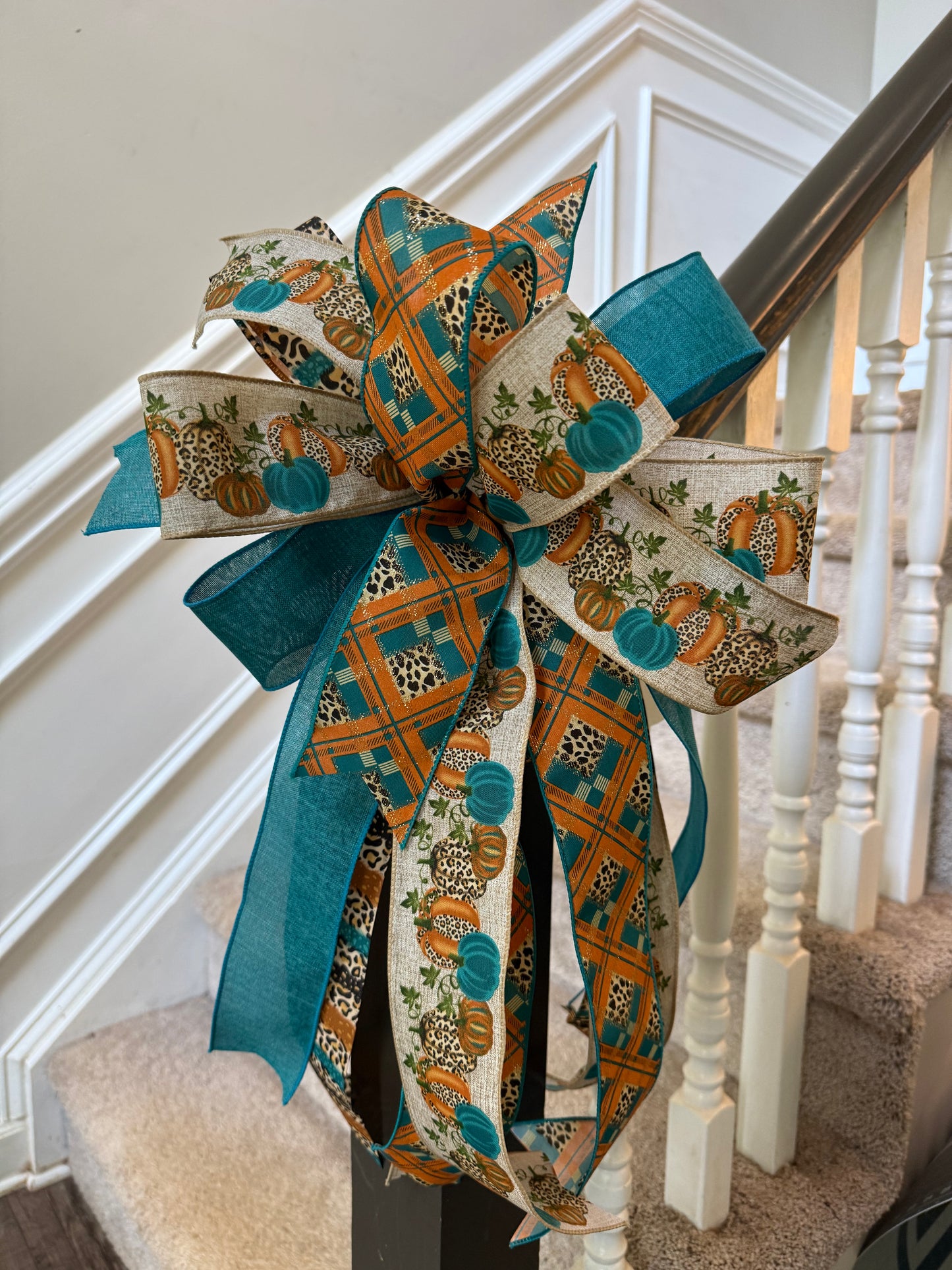 Teal & Orange Leopard Pumpkin Fall Bow