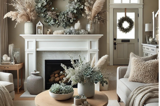 photo of a nicely decorated living room with a white fireplace and mantel. A natural looking winter wreath hangs above the fireplace. There are several vases filled with neutral toned faux florals and pampas grasses.
