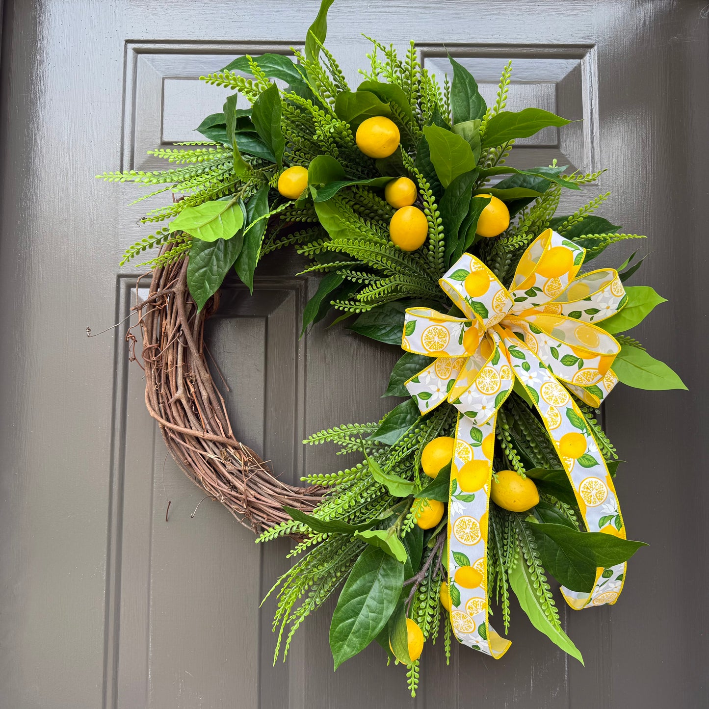 Lemon Summer Wreath | Fresh Citrus Door Decor | Year Round Greenery Wreath with Bow