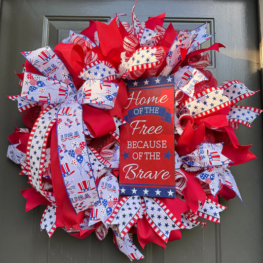 Home of the Free Patriotic Wreath – Red, White & Blue Deco Mesh