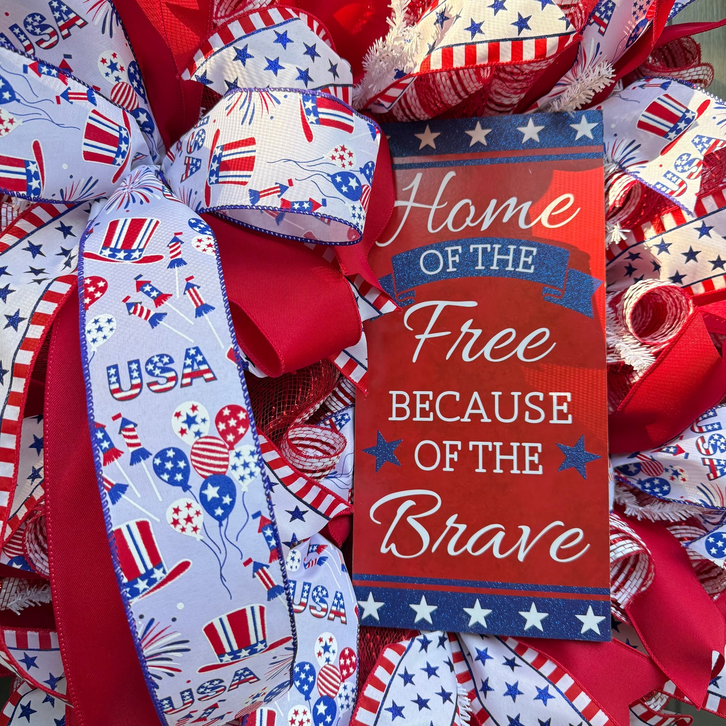 Home of the Free Patriotic Wreath – Red, White & Blue Deco Mesh