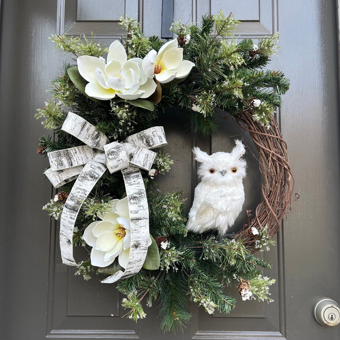 Winter Owl Wreath | Handmade Magnolia and Pine Wreath | 24” x 26”