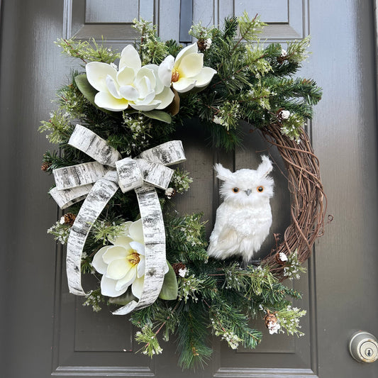 Winter Owl Wreath | Handmade Magnolia and Pine Wreath | 24” x 26”