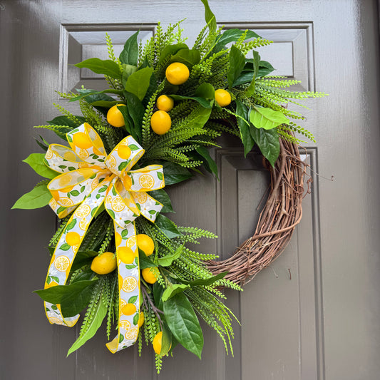 Lemon Summer Wreath | Fresh Citrus Door Decor | Year Round Greenery Wreath with Bow