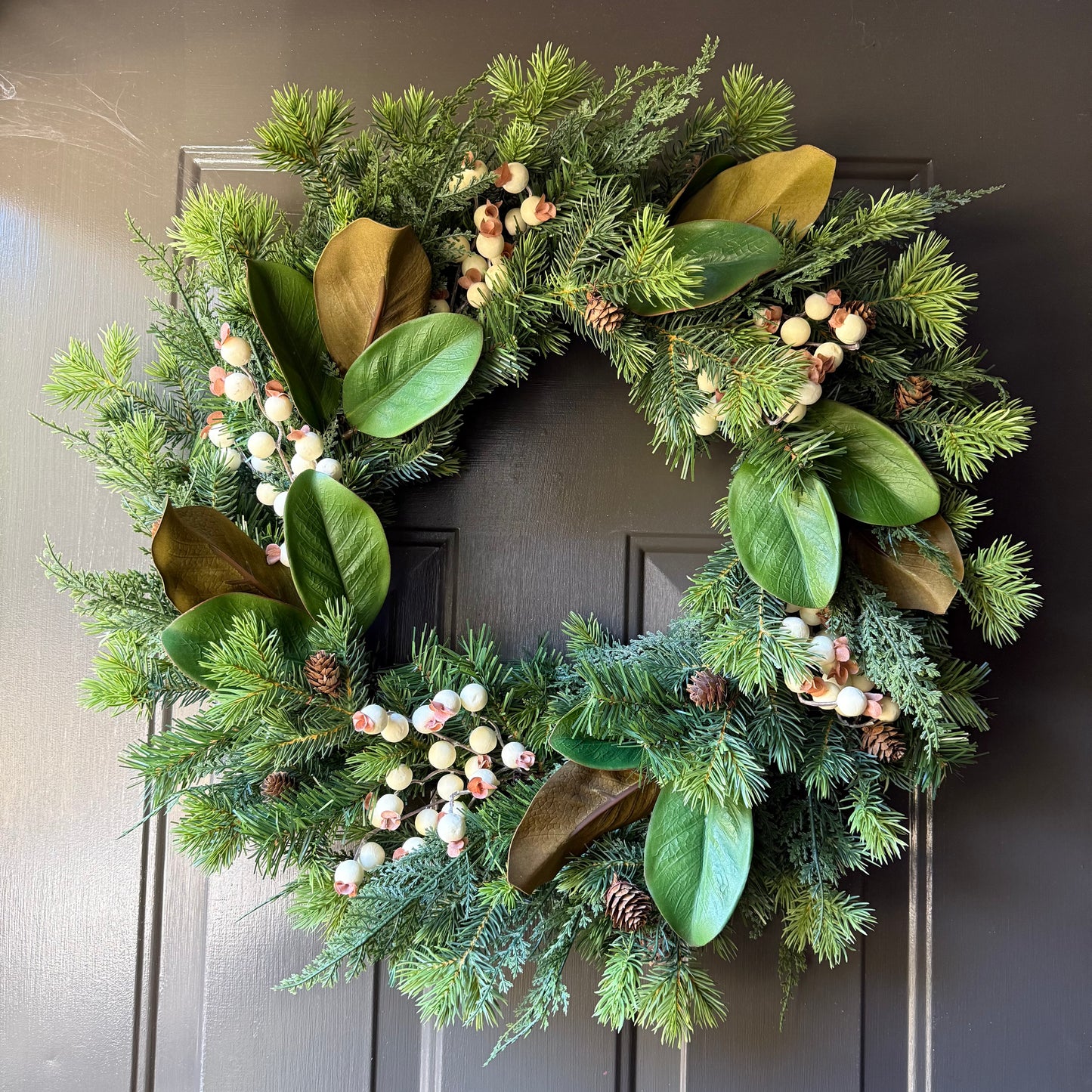 Evergreen & Magnolia Wreath – Luxury Handmade Year-Round Door Decor (24”)