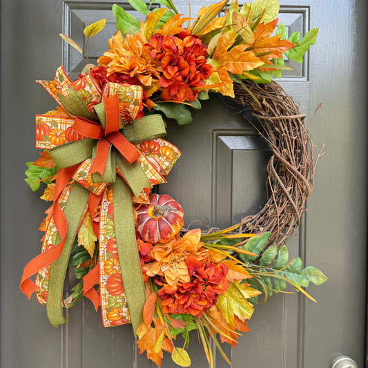 Autumn Pumpkin & Dahlia Wreath – Large 24” x 30”  Grapevine Front Door Décor