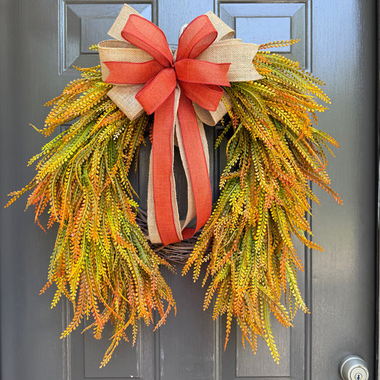 Autumn Harvest Wreath with Rustic Burlap & Burnt Orange Bow – 24” x 28”