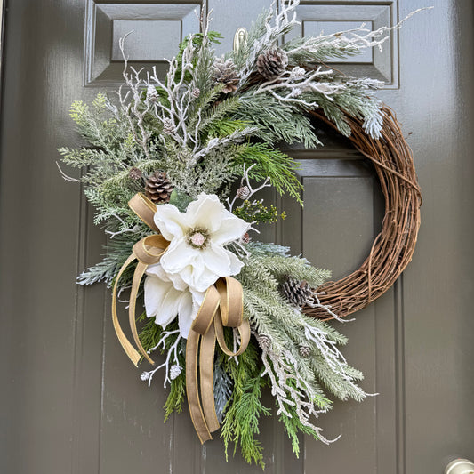 White Magnolia and Gold Velvet Winter Wreath