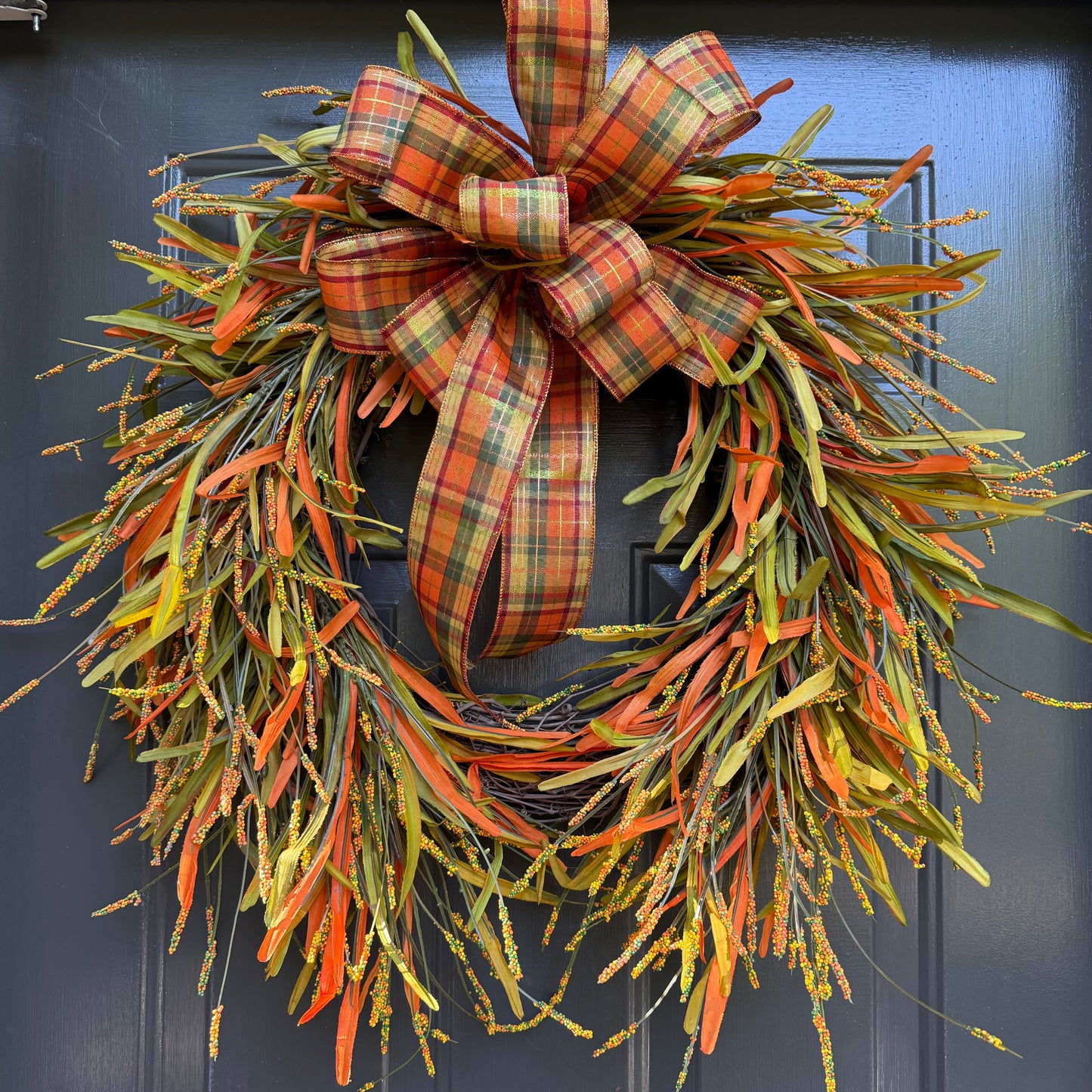 Rustic Fall Harvest Wreath with Plaid Bow | Handmade Front Door Wreat