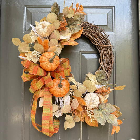 Autumn Harvest Pumpkin Wreath – Large Grapevine Door Decor