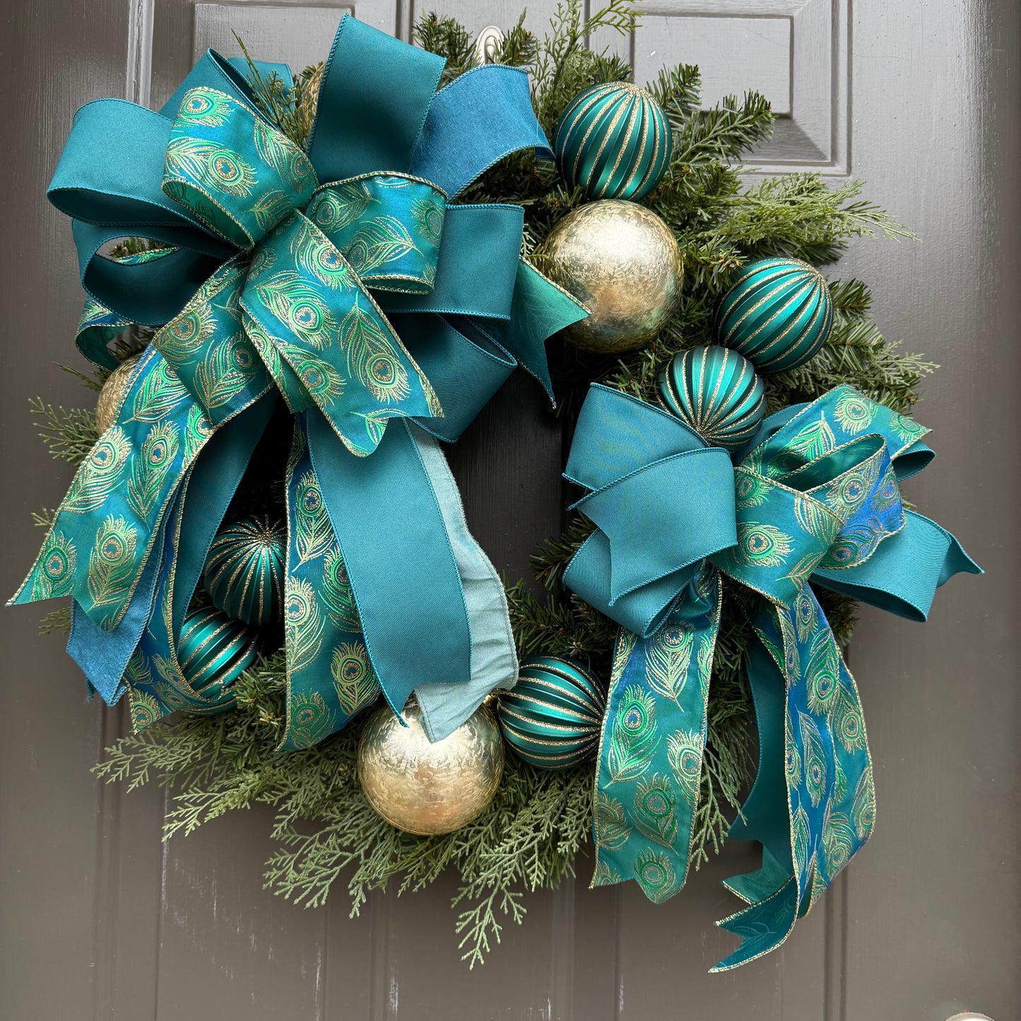 Peacock Christmas Wreath | Elegant Teal & Gold Holiday Door Wreath | 26” Winter Decor