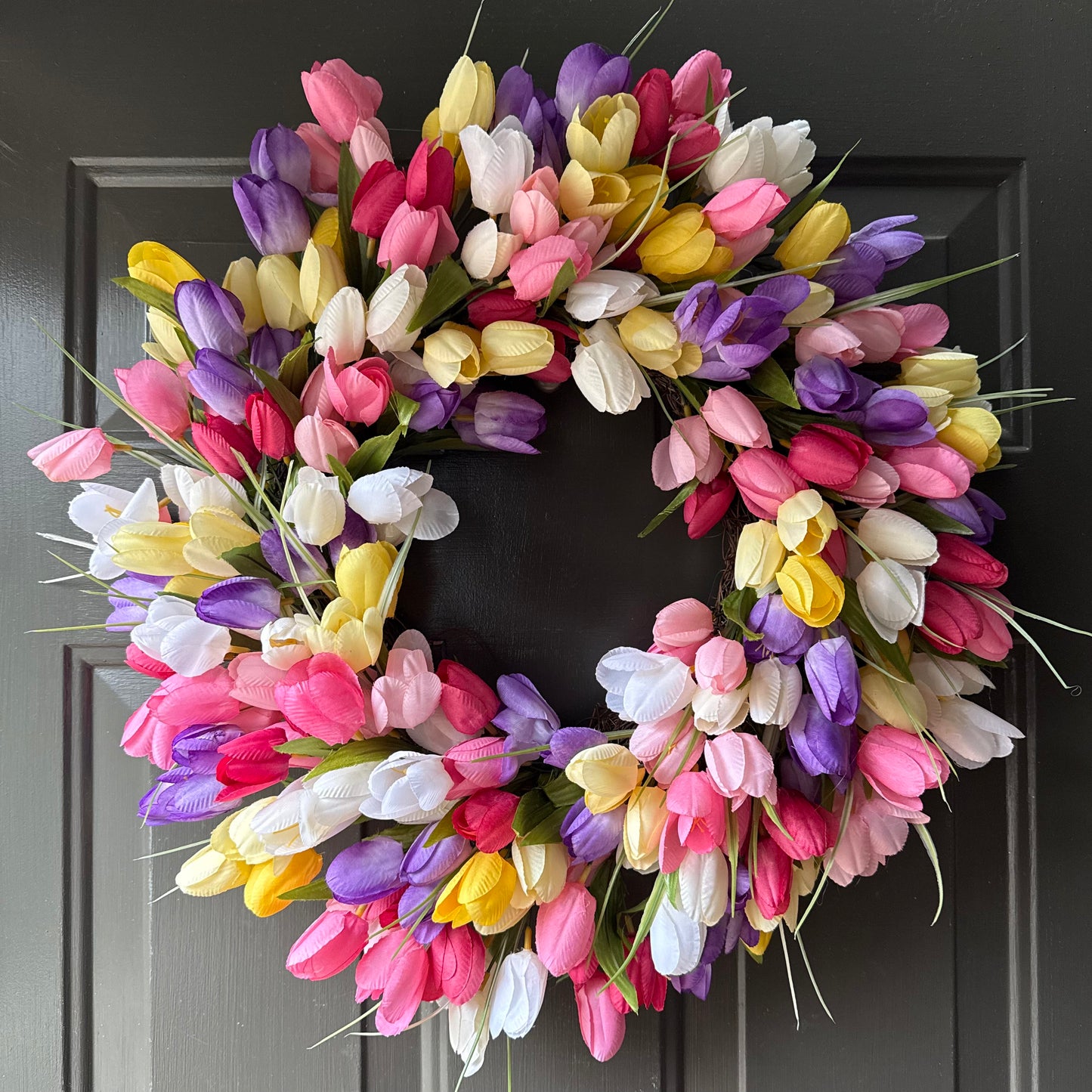 22” Multicolor Tulip Spring Wreath | Pastel Easter Front Door Wreath | Luxury Faux Floral Door Decor