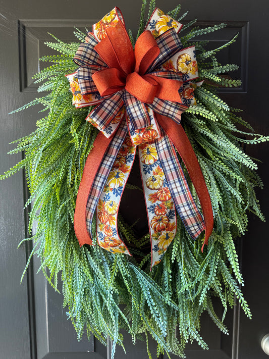 Autumn Pumpkin & Plaid Bow Greenery Wreath – Fall Front Door Decor Versatile for Year Round Display With a Simple Bow Swap