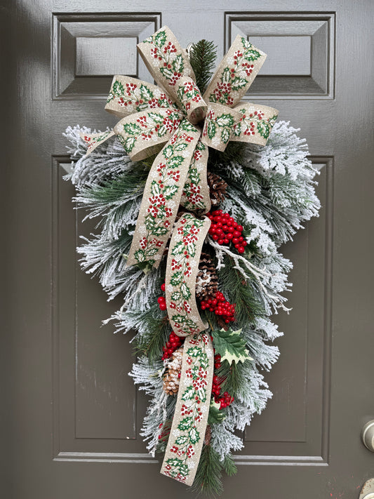 Flocked Holly Berry Christmas Swag For Front Door