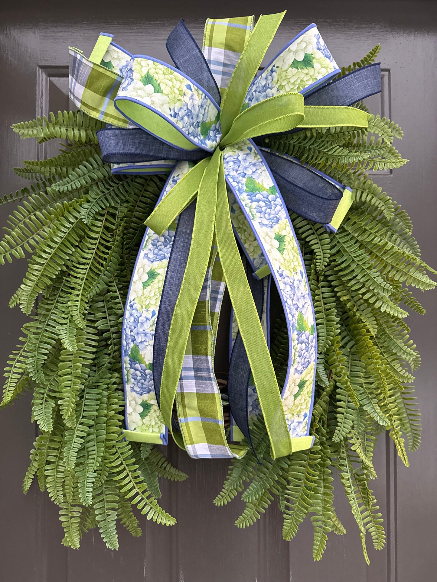 Signature Fern Wreath with Hydrangea Bow – Waterproof Year-Round Greenery Front Door Wreath