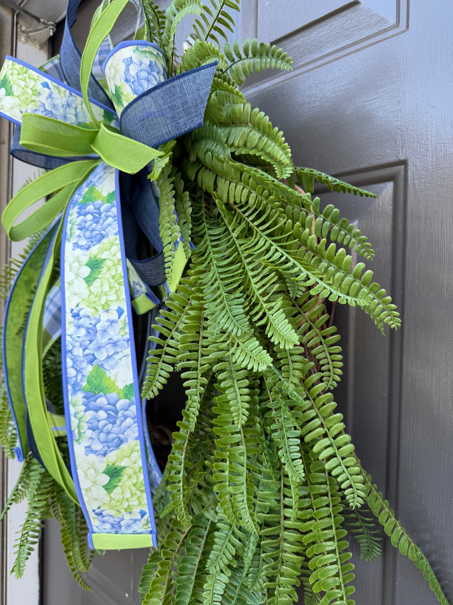 Signature Fern Wreath with Hydrangea Bow – Waterproof Year-Round Greenery Front Door Wreath