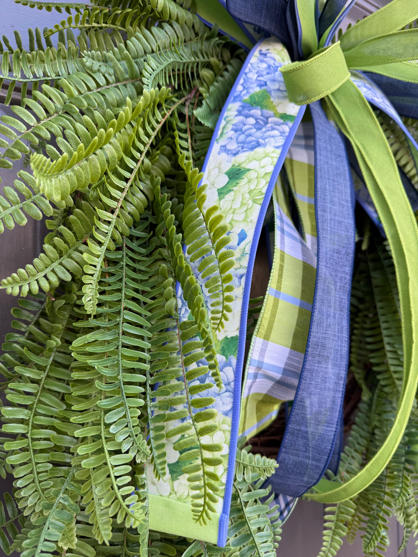 Signature Fern Wreath with Hydrangea Bow – Waterproof Year-Round Greenery Front Door Wreath